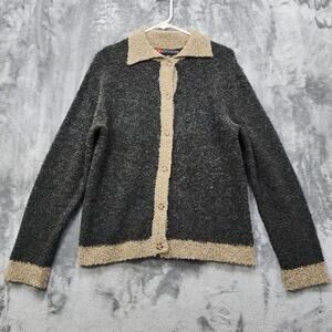 Vintage IB Diffusion Sweater Womens L Gray Tan Wool Blend Curly‎ Knit Cardigan